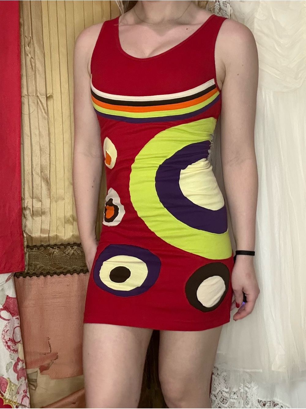 Vintage 90’s Cotton Red Tank Mini Dress with Multicolor Graphic Circles